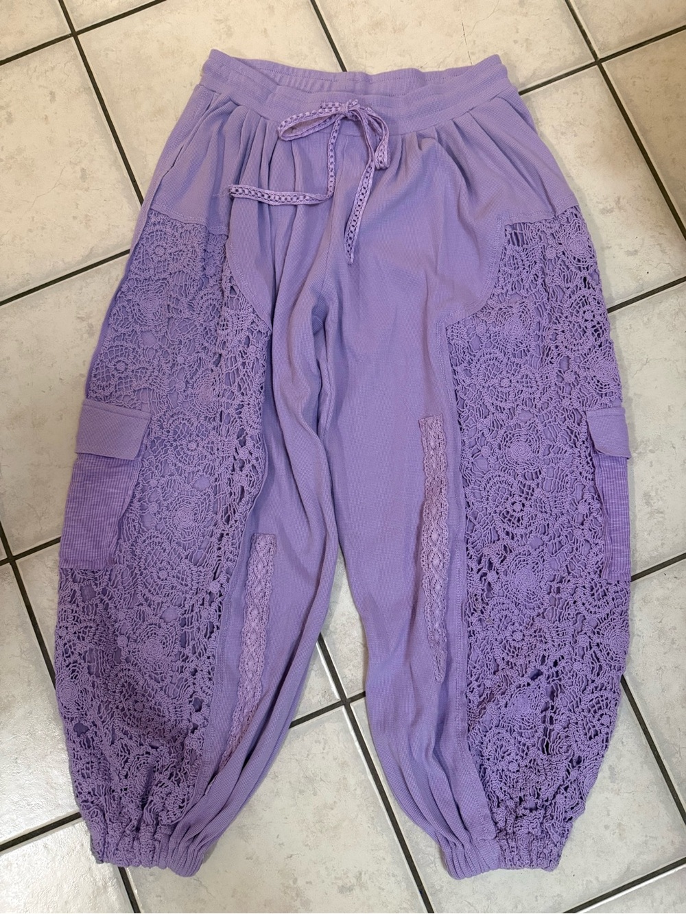 Pol Lavender Crochet Panel Drawstring Jogger Pants New Size M